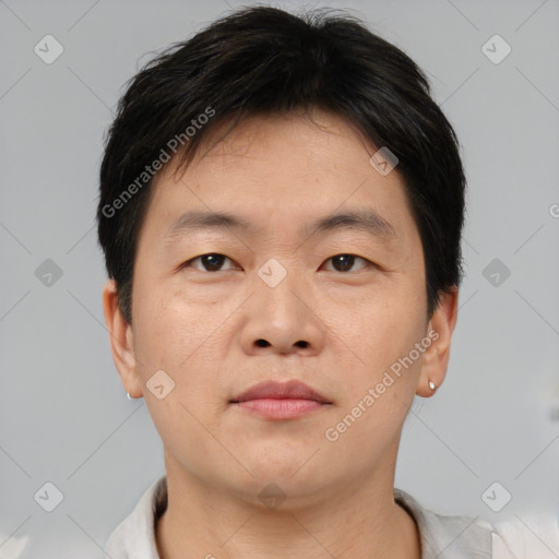 Neutral asian young-adult male with short  brown hair and brown eyes