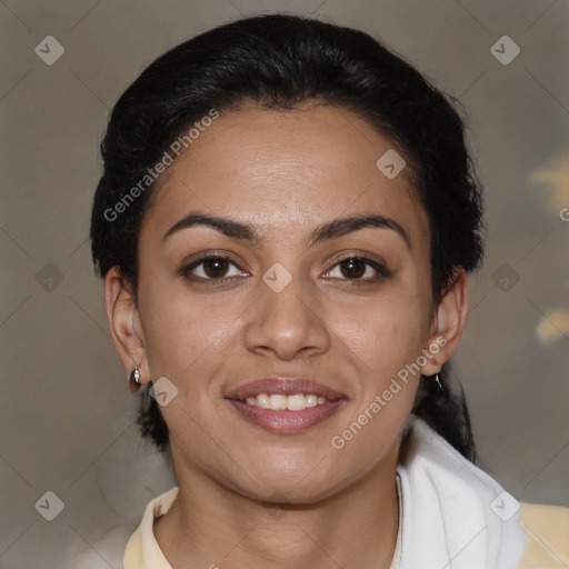 Joyful latino young-adult female with medium  brown hair and brown eyes