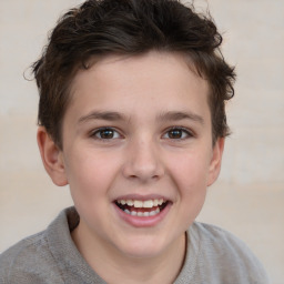 Joyful white child female with short  brown hair and brown eyes