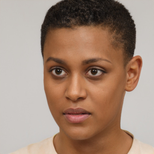 Neutral black young-adult female with short  brown hair and brown eyes