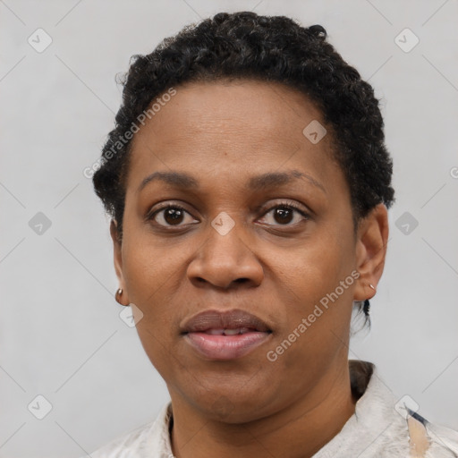 Joyful black adult female with short  black hair and brown eyes