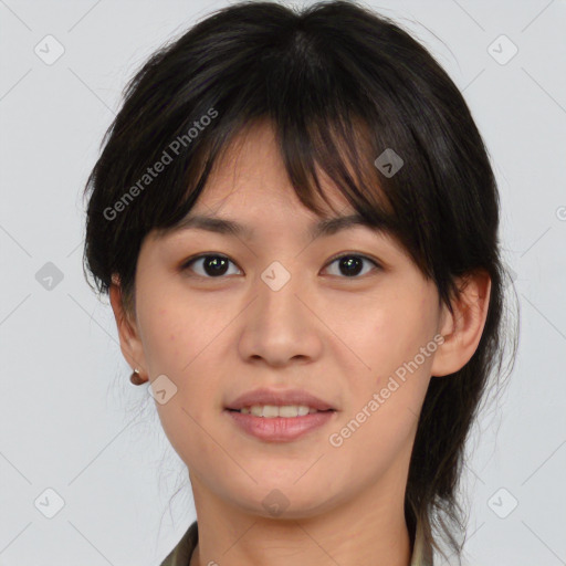 Joyful white young-adult female with medium  brown hair and brown eyes