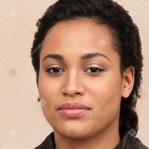 Joyful latino young-adult female with long  brown hair and brown eyes