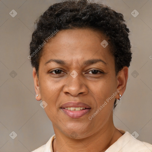 Joyful latino adult female with short  brown hair and brown eyes