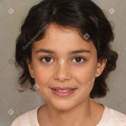 Joyful white child female with medium  brown hair and brown eyes