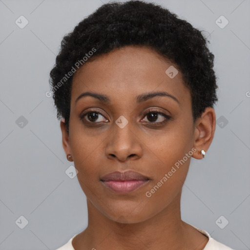 Neutral black young-adult female with short  brown hair and brown eyes