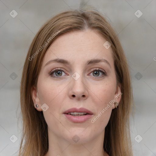 Joyful white young-adult female with medium  brown hair and grey eyes