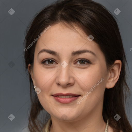 Joyful white young-adult female with medium  brown hair and brown eyes