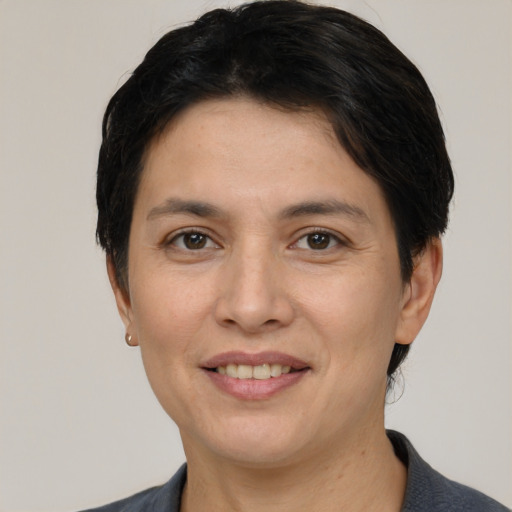 Joyful white adult female with short  brown hair and brown eyes