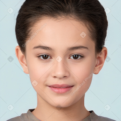 Joyful white child female with short  brown hair and brown eyes