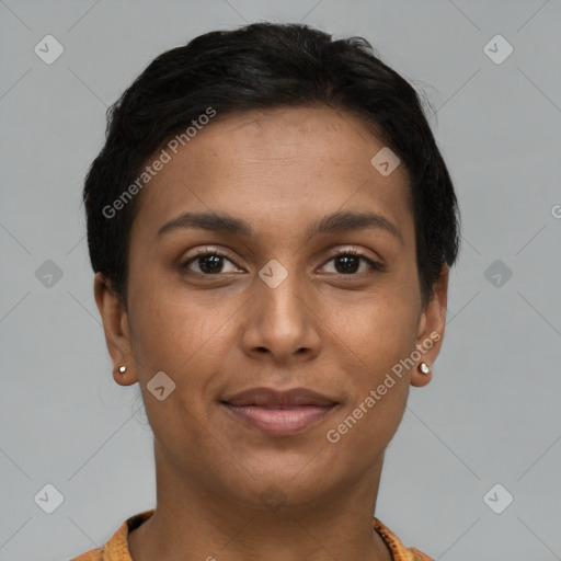 Joyful latino young-adult female with short  brown hair and brown eyes