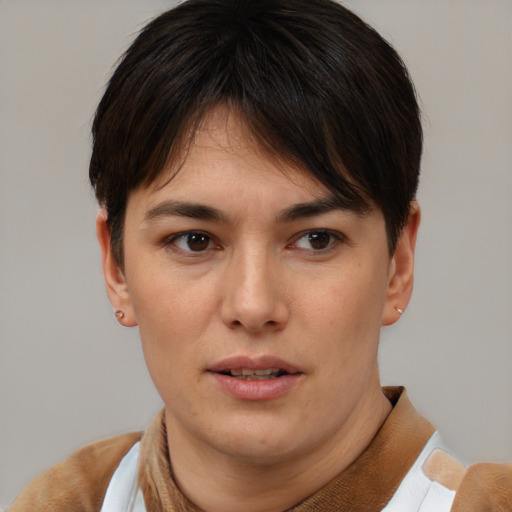 Neutral white young-adult female with short  brown hair and brown eyes