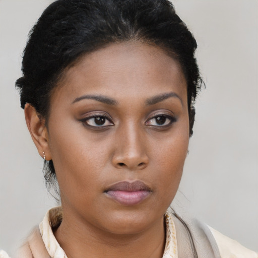 Neutral latino young-adult female with short  brown hair and brown eyes