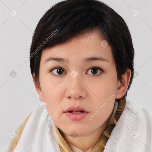 Neutral white young-adult female with medium  brown hair and brown eyes