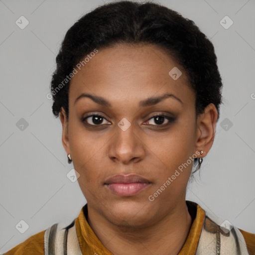 Neutral black young-adult female with short  black hair and brown eyes