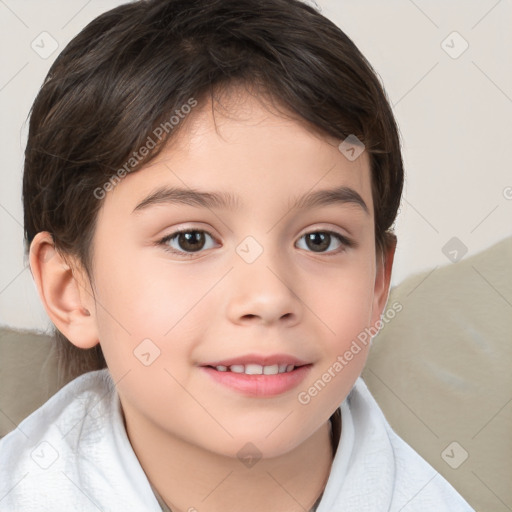 Joyful white child female with short  brown hair and brown eyes