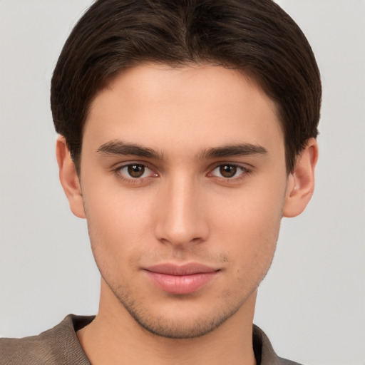 Neutral white young-adult male with short  brown hair and brown eyes