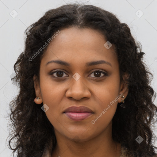 Joyful black young-adult female with long  brown hair and brown eyes