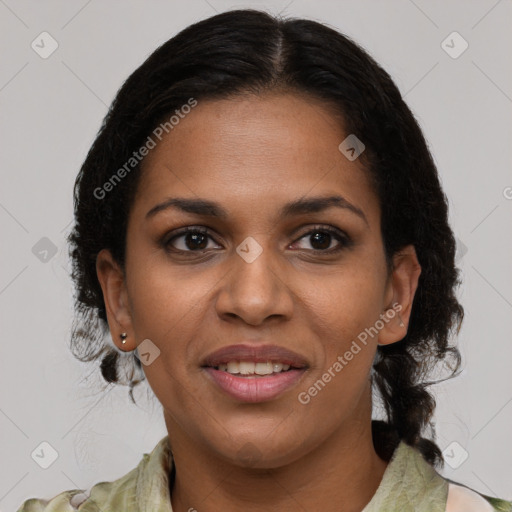 Joyful black young-adult female with medium  brown hair and brown eyes