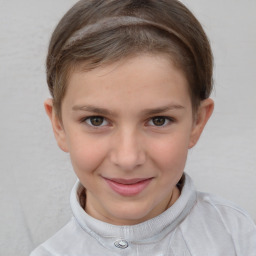 Joyful white child female with short  brown hair and brown eyes