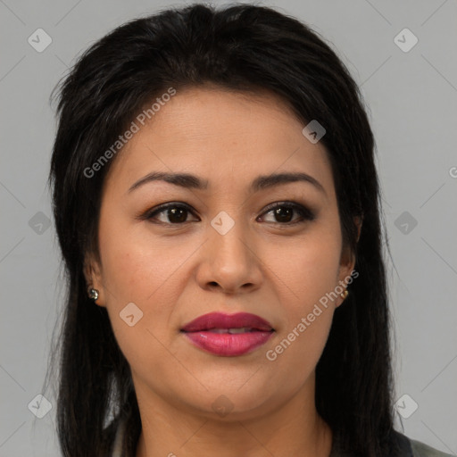 Joyful asian young-adult female with long  brown hair and brown eyes