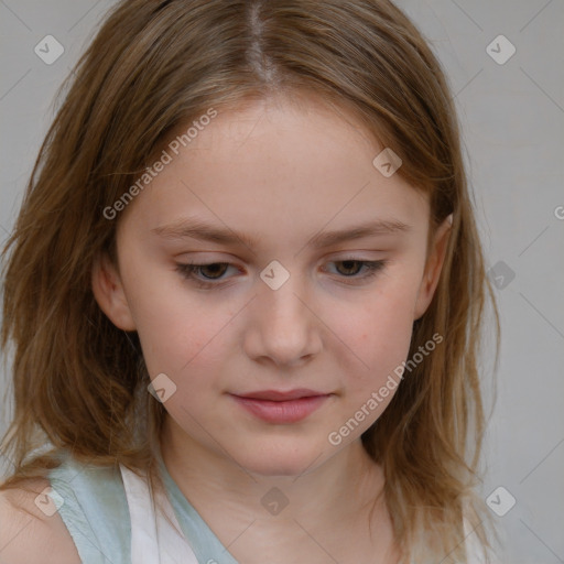 Joyful white child female with medium  brown hair and brown eyes