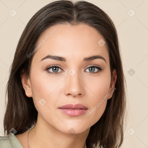 Neutral white young-adult female with medium  brown hair and brown eyes