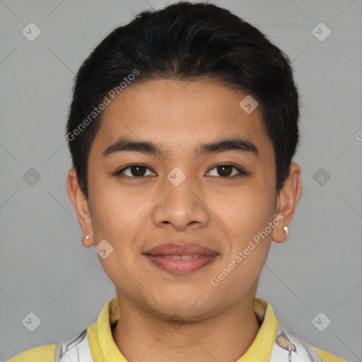 Joyful asian young-adult male with short  brown hair and brown eyes