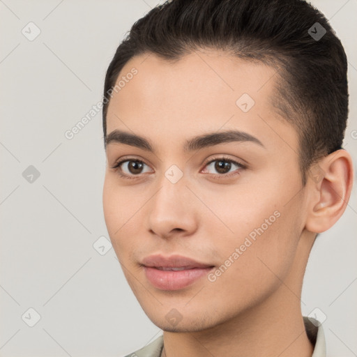 Joyful white young-adult female with short  brown hair and brown eyes