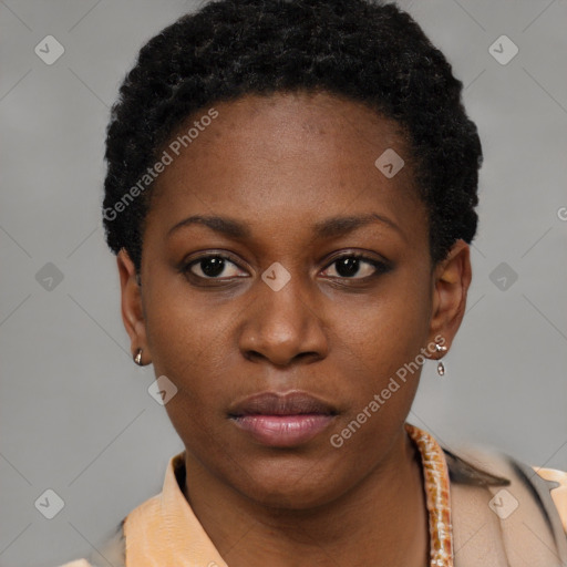 Neutral black young-adult female with short  black hair and brown eyes