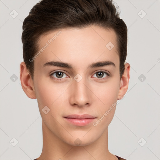 Neutral white young-adult male with short  brown hair and brown eyes