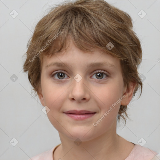 Joyful white child female with medium  brown hair and brown eyes