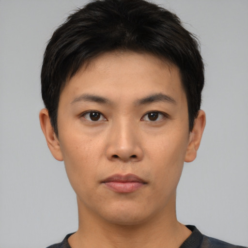 Neutral asian young-adult male with short  black hair and brown eyes