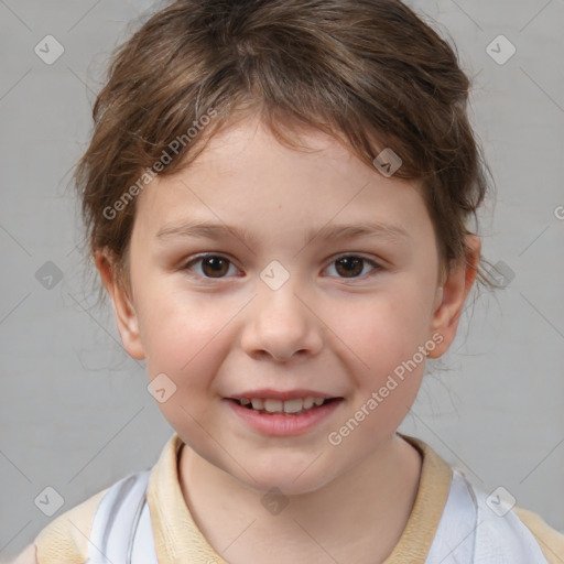 Joyful white child female with medium  brown hair and brown eyes