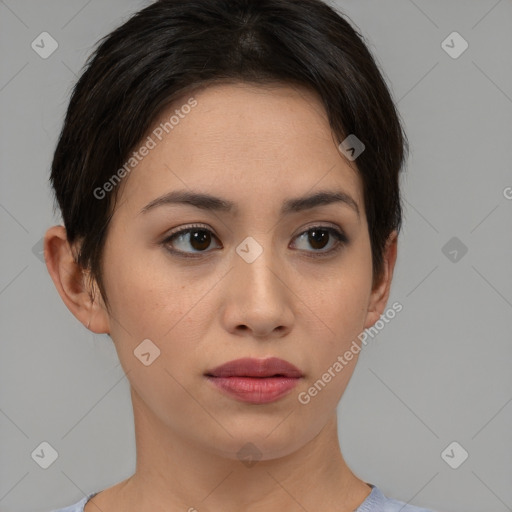 Neutral asian young-adult female with short  brown hair and brown eyes