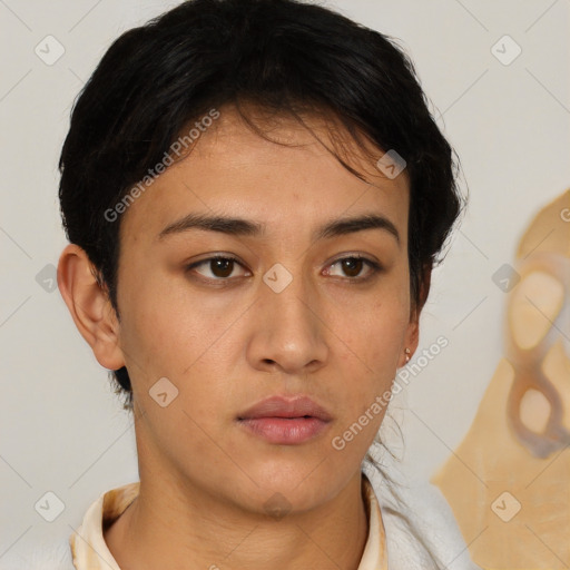 Neutral latino young-adult female with short  brown hair and brown eyes