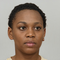 Neutral black young-adult female with short  brown hair and brown eyes