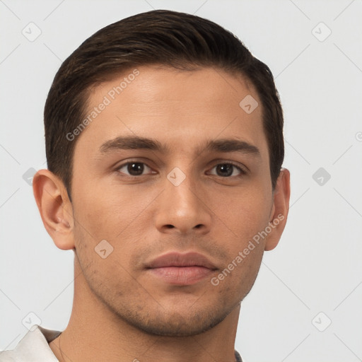 Neutral white young-adult male with short  brown hair and brown eyes