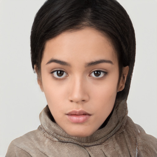 Neutral white young-adult female with short  brown hair and brown eyes