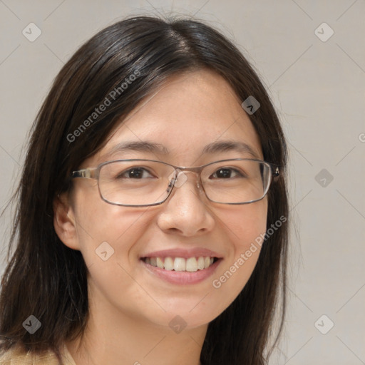 Joyful white young-adult female with long  brown hair and brown eyes