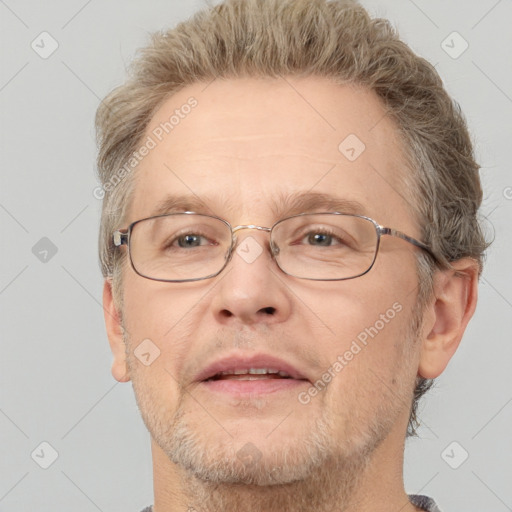 Neutral white middle-aged male with short  brown hair and brown eyes