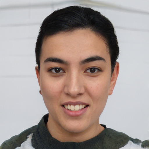 Joyful asian young-adult female with short  brown hair and brown eyes