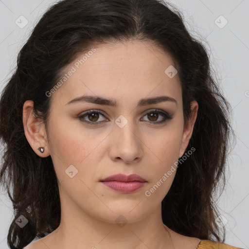 Neutral white young-adult female with medium  brown hair and brown eyes