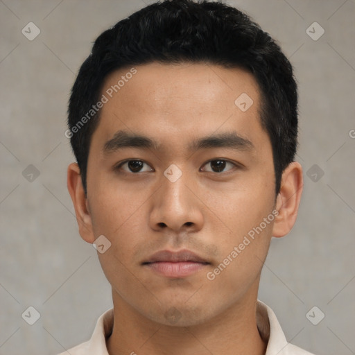 Neutral asian young-adult male with short  black hair and brown eyes