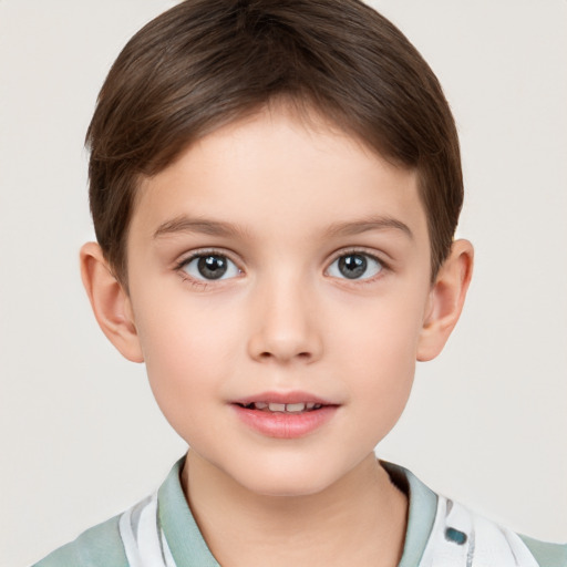 Joyful white child female with short  brown hair and brown eyes