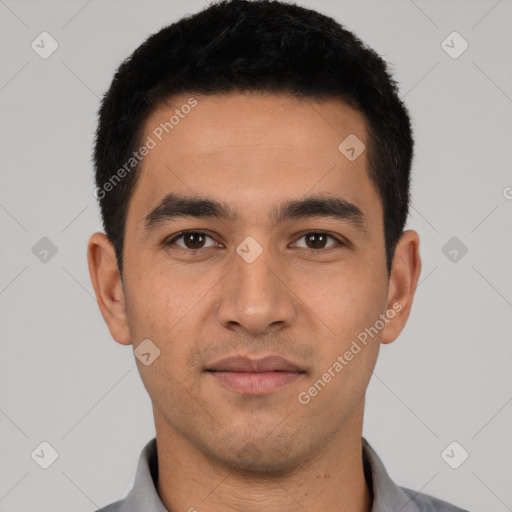 Neutral latino young-adult male with short  black hair and brown eyes