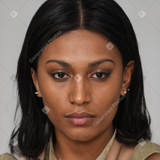 Neutral white young-adult female with medium  brown hair and brown eyes