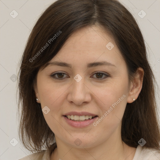 Joyful white young-adult female with medium  brown hair and brown eyes