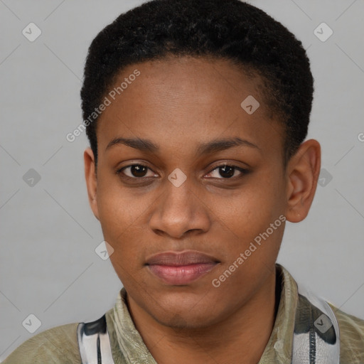 Joyful latino young-adult female with short  black hair and brown eyes