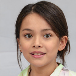 Joyful asian child female with medium  brown hair and brown eyes